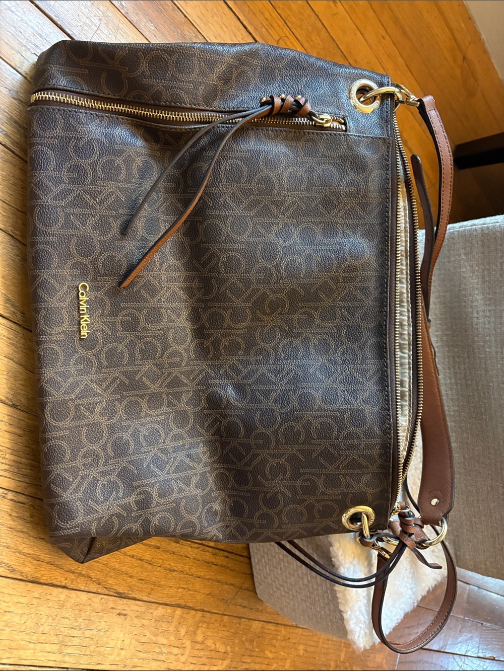 Calvin Klein Brown Monogram Messenger Bag with Gold Hardware